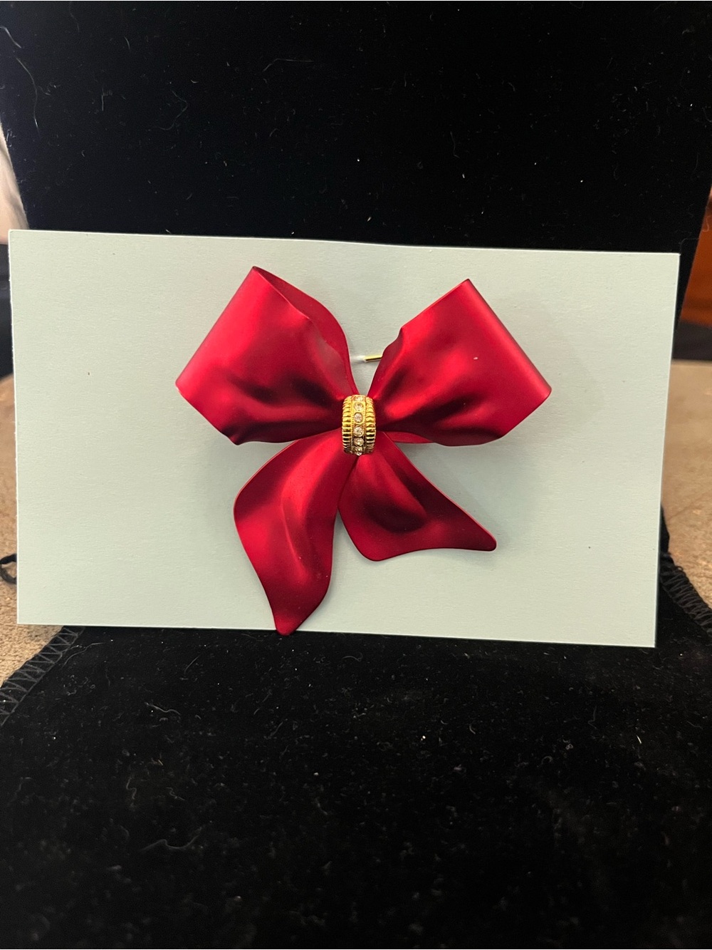 Red Satin Bow Brooch with Gold Accent
